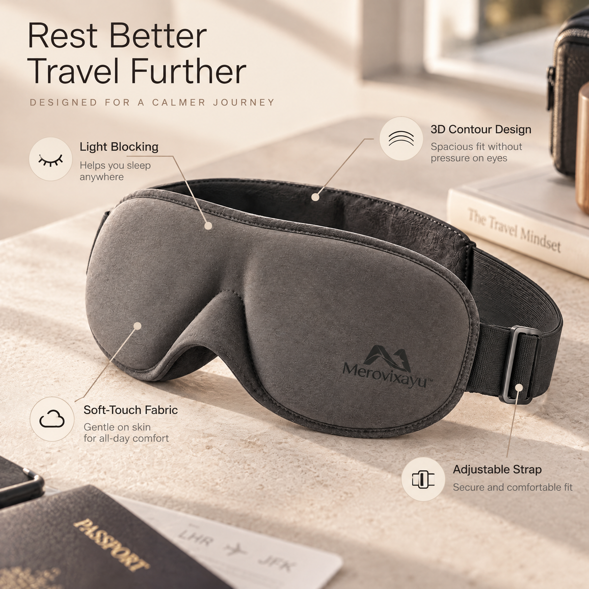 Merovixayu™ Contoured Travel Sleep Mask | Soft Padded Eye Mask with Adjustable Strap
