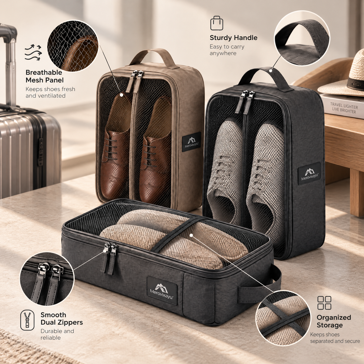Merovixayu™ Travel Shoe Bag Set | 3-Piece Portable Shoe Organizer with Mesh Viewing Panels & Carry Handles