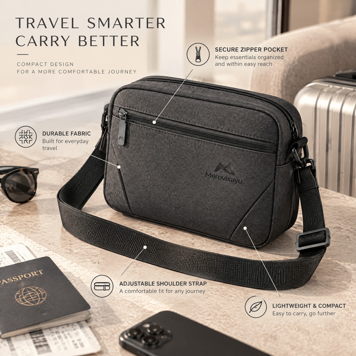 Merovixayu™ Compact Travel Crossbody Bag | Multi-Compartment Shoulder Bag for Flights, Trains & Everyday Travel