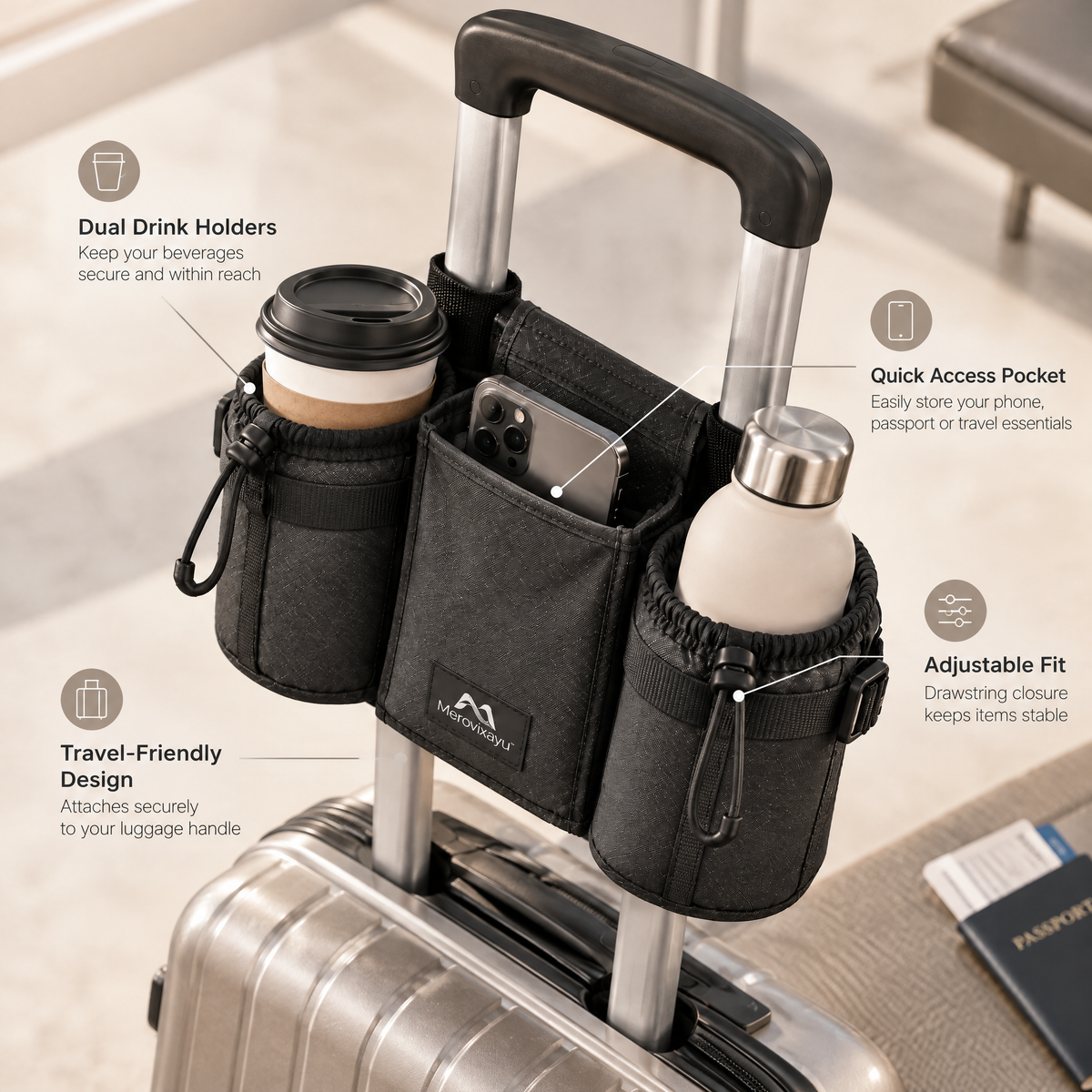 Merovixayu™ Travel Luggage Handle Organizer | Dual Cup Holder & Phone Storage Caddy for Carry-On Suitcases