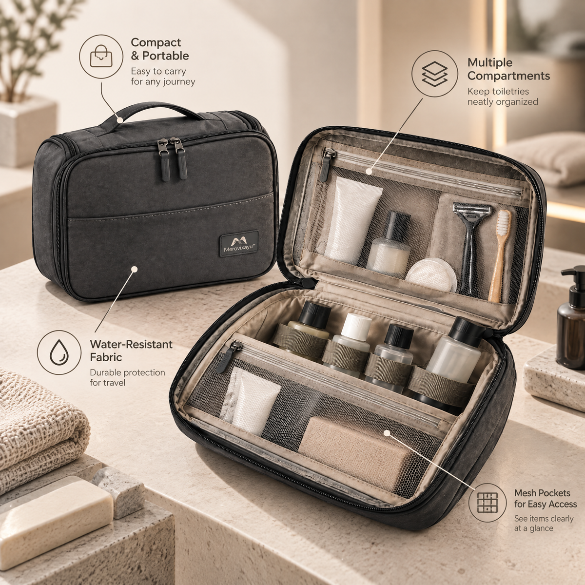 Merovixayu™ Travel Luggage Handle Organizer | Dual Cup Holder & Phone Storage Caddy for Carry-On Suitcases