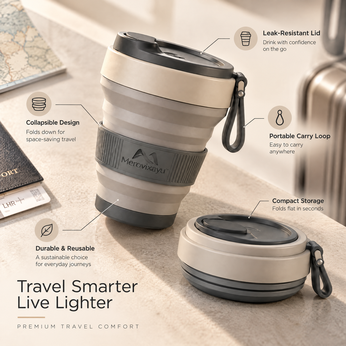 Merovixayu™ Collapsible Travel Cup | Compact Reusable Drink Cup with Lid & Carry Loop
