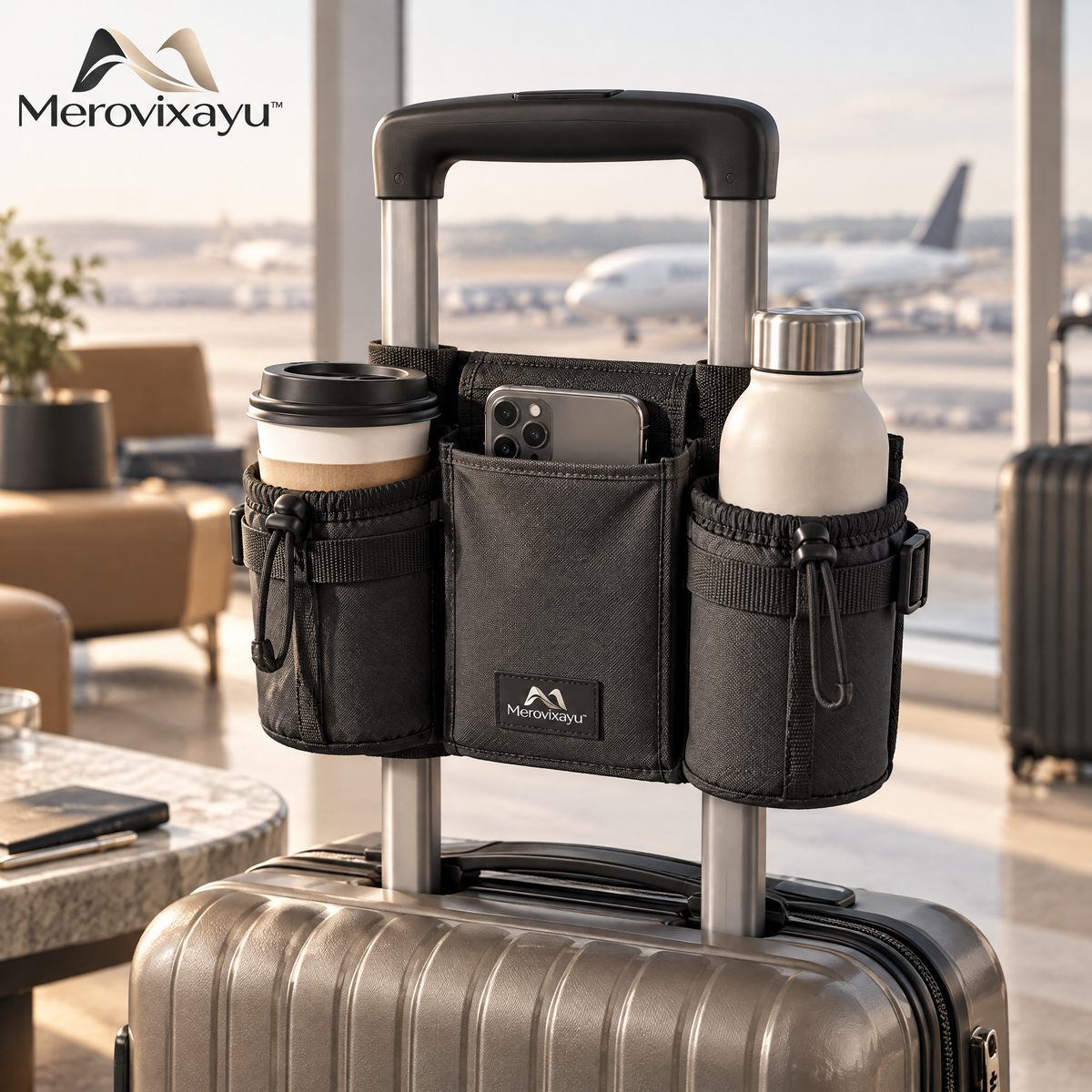 Merovixayu™ Travel Luggage Handle Organizer | Dual Cup Holder & Phone Storage Caddy for Carry-On Suitcases