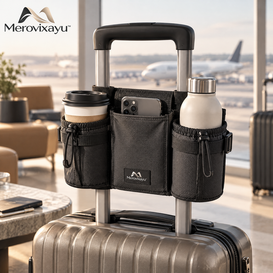 Merovixayu™ Travel Luggage Handle Organizer | Dual Cup Holder & Phone Storage Caddy for Carry-On Suitcases