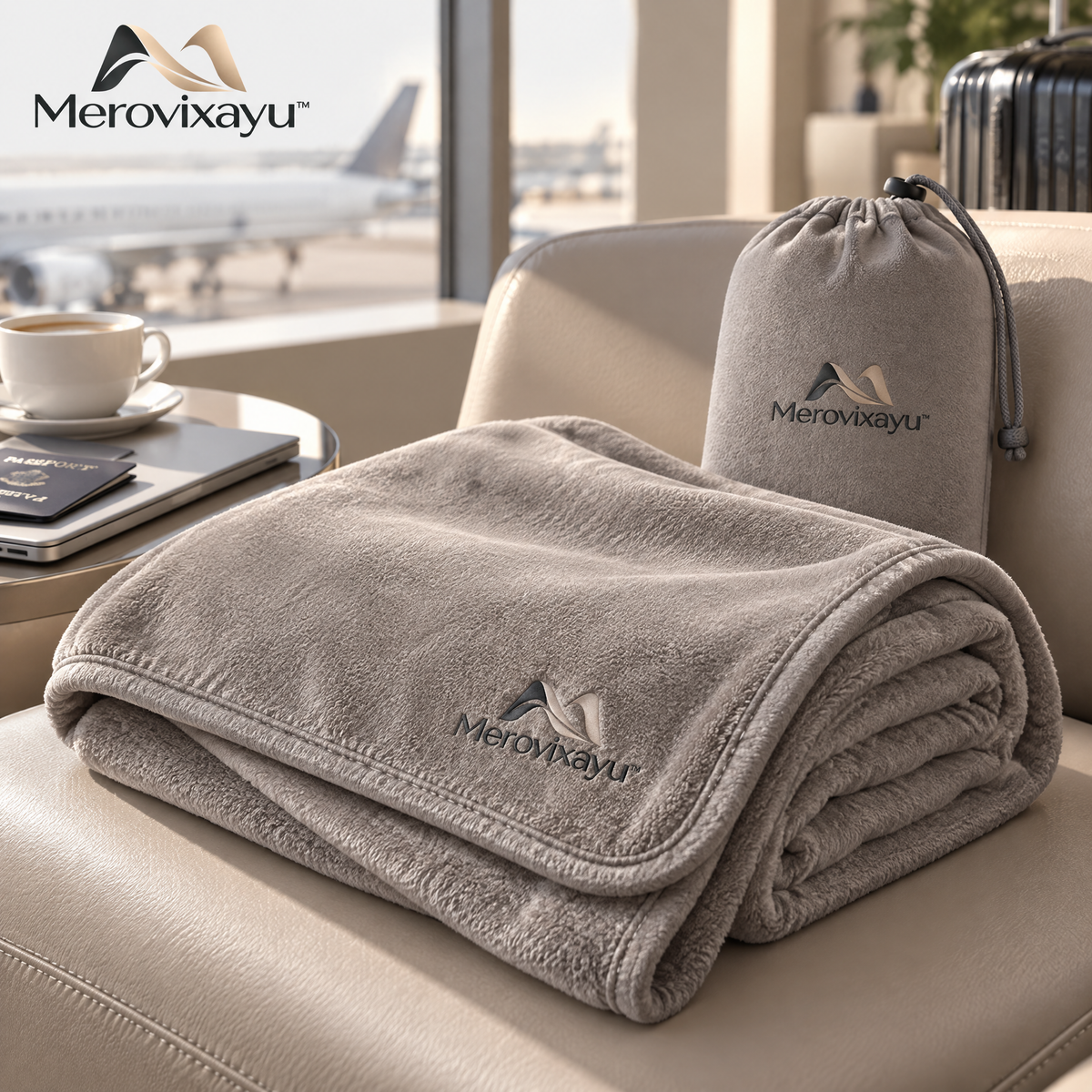 Merovixayu™ Plush Travel Blanket | Soft Compact Blanket for Airplane, Train, Car & Home