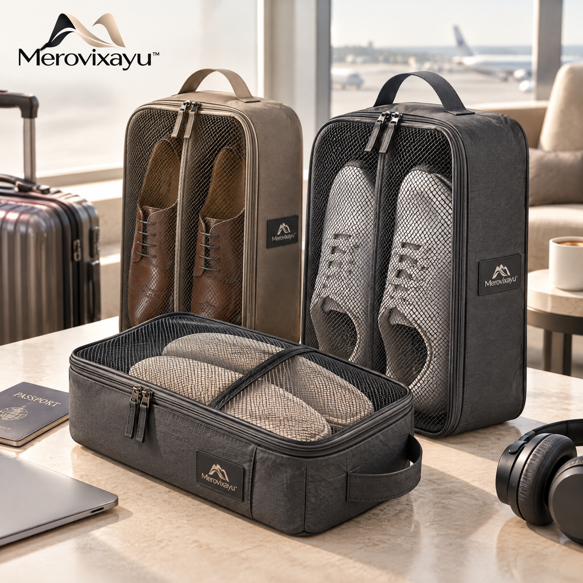 Merovixayu™ Travel Shoe Bag Set | 3-Piece Portable Shoe Organizer with Mesh Viewing Panels & Carry Handles