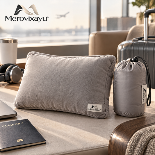 Merovixayu™ Compact Travel Pillow | Soft Packable Support Pillow with Drawstring Storage Bag