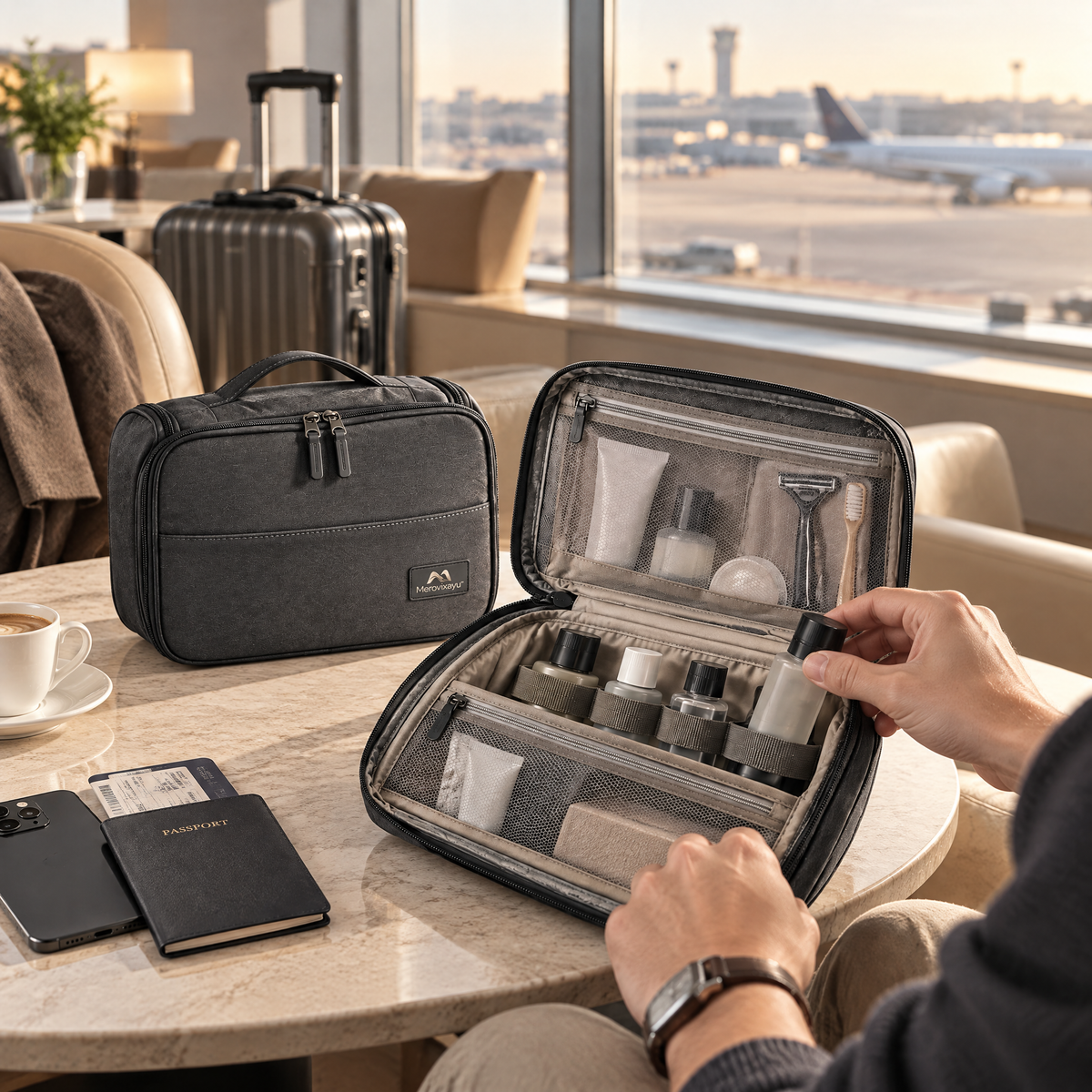 Merovixayu™ Travel Luggage Handle Organizer | Dual Cup Holder & Phone Storage Caddy for Carry-On Suitcases