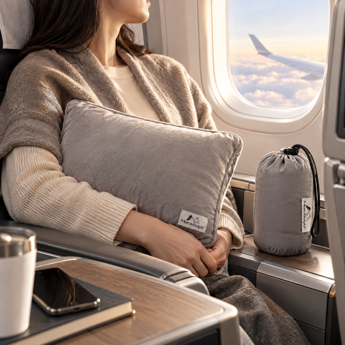 Merovixayu™ Compact Travel Pillow | Soft Packable Support Pillow with Drawstring Storage Bag
