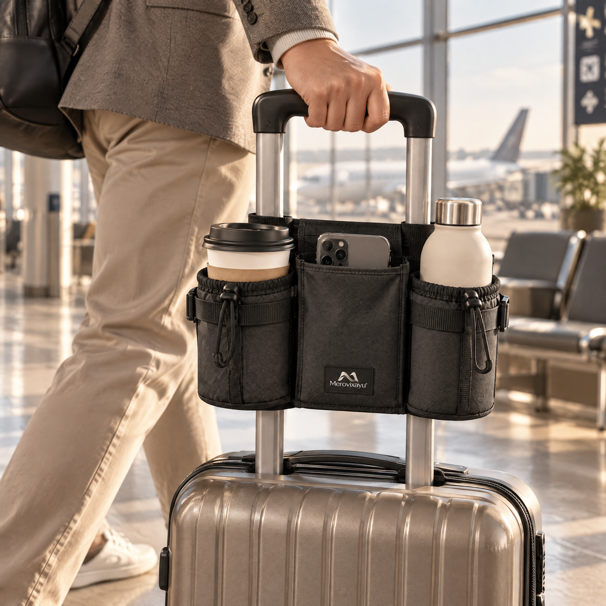 Merovixayu™ Travel Luggage Handle Organizer | Dual Cup Holder & Phone Storage Caddy for Carry-On Suitcases
