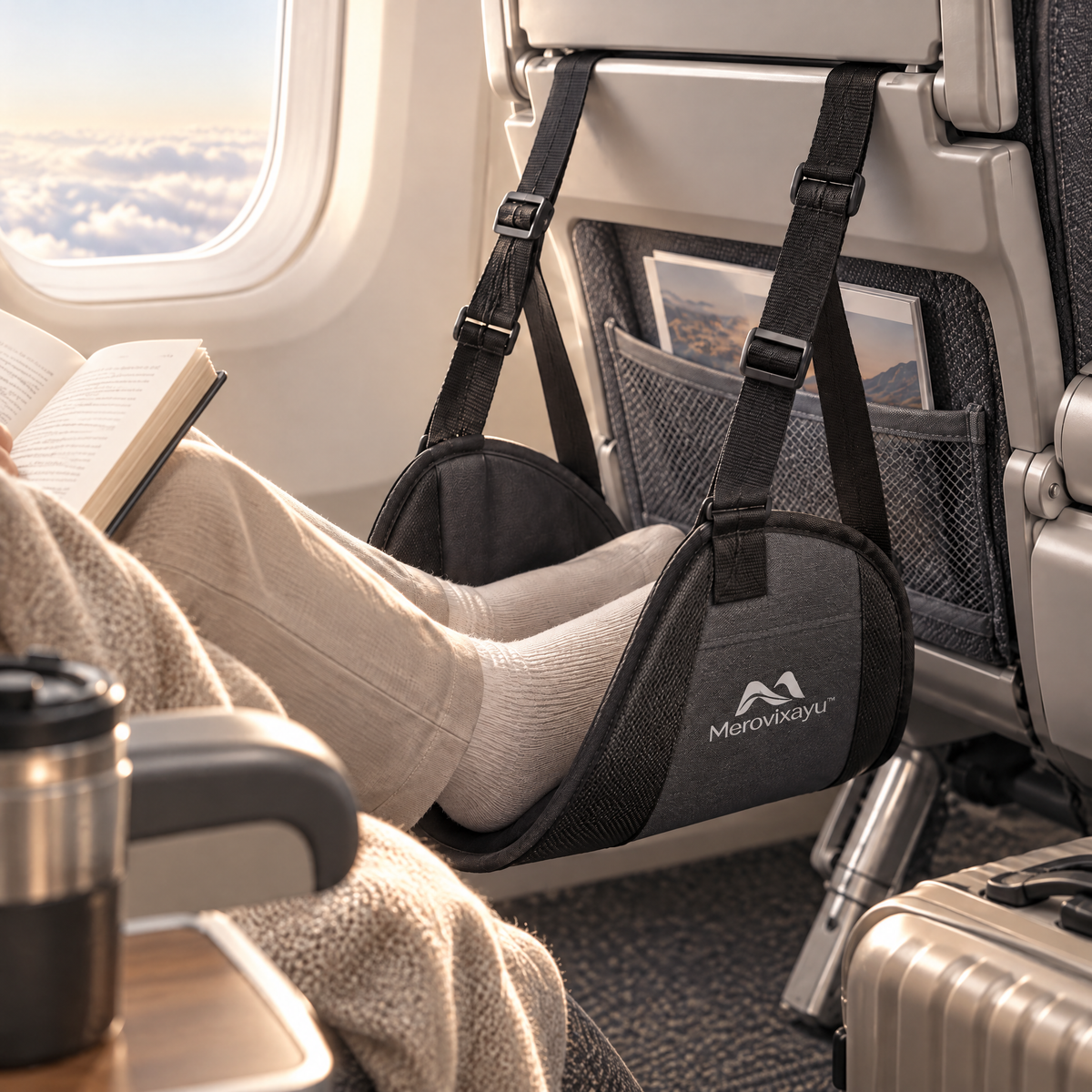 Merovixayu™ Padded Travel Foot Hammock | Adjustable Hanging Foot Rest for Airplane, Train & Car Travel