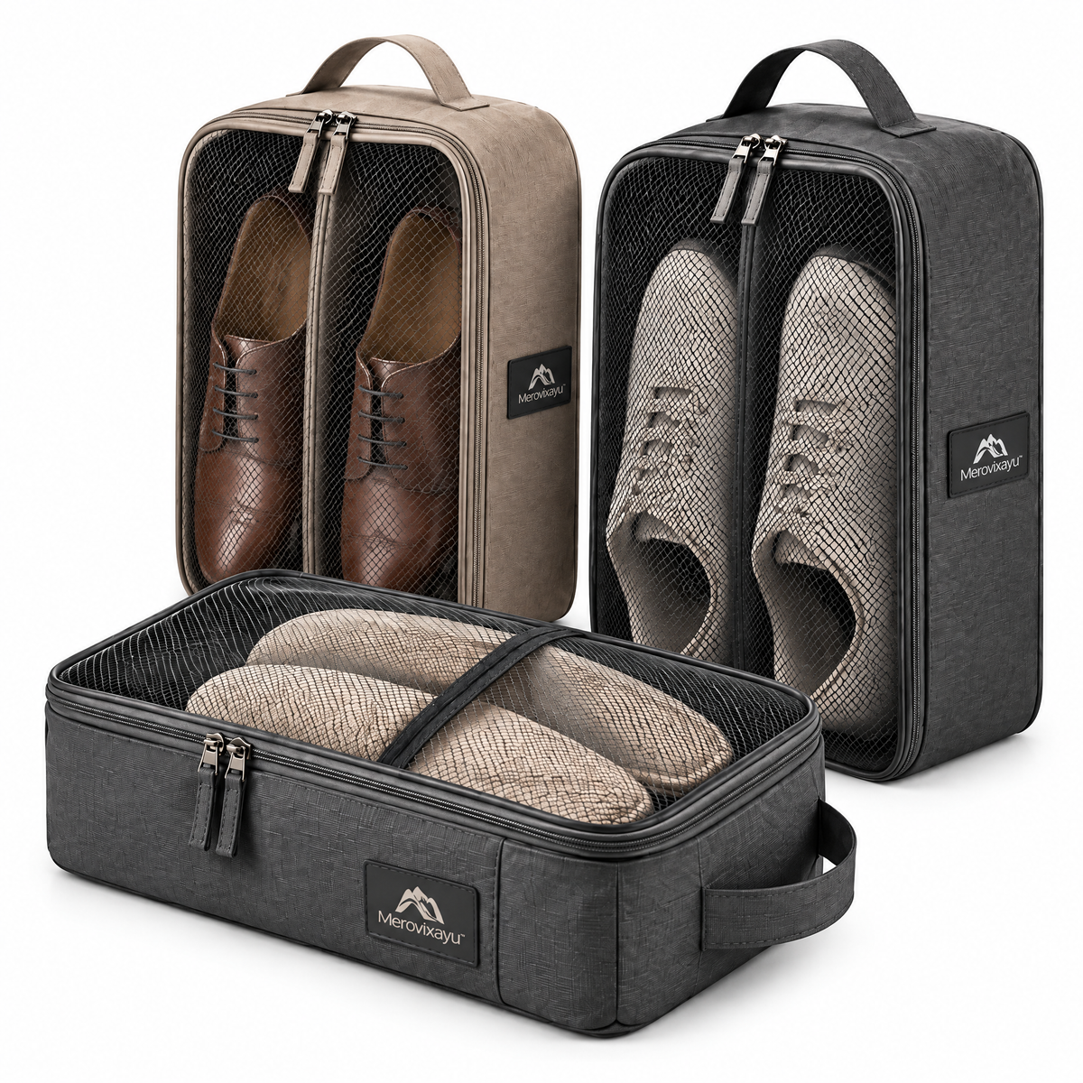 Merovixayu™ Travel Shoe Bag Set | 3-Piece Portable Shoe Organizer with Mesh Viewing Panels & Carry Handles