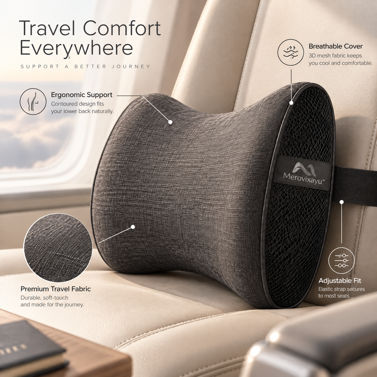 Merovixayu™ Ergonomic Travel Support Cushion | Compact Lumbar & Neck Pillow for Plane, Train & Car