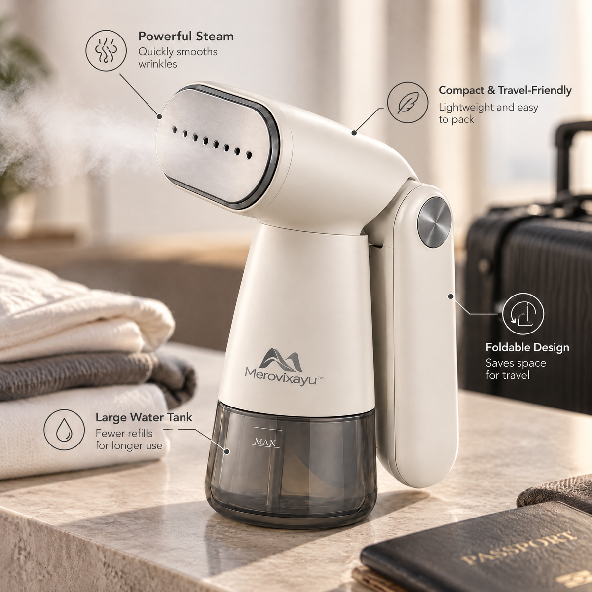 Merovixayu™ Portable Travel Garment Steamer | Foldable Handheld Clothes Steamer for Business Trips & Vacations