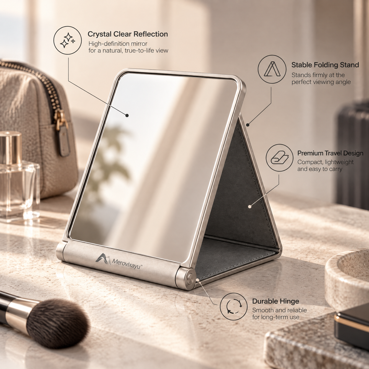 Merovixayu™ Foldable Travel Mirror | Compact Standing Vanity Mirror for Trips, Hotels & Everyday Use