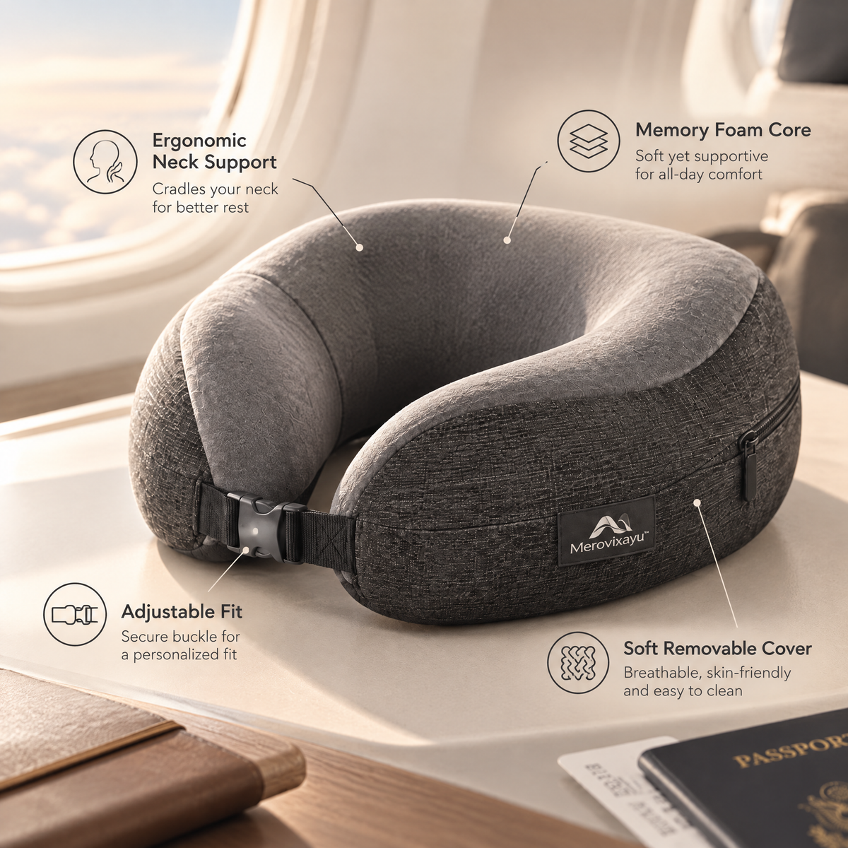 Merovixayu™ Memory Foam Travel Neck Pillow | Ergonomic U-Shaped Neck Support with Adjustable Buckle
