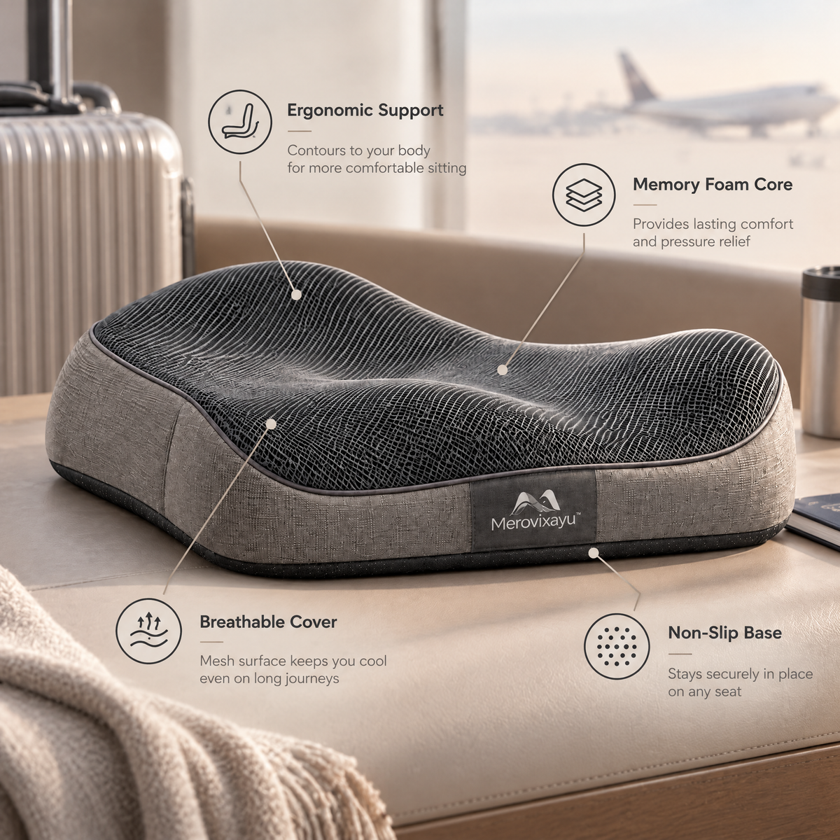 Merovixayu™ Ergonomic Travel Seat Cushion | Contoured Portable Sitting Support for Airplane, Train & Car