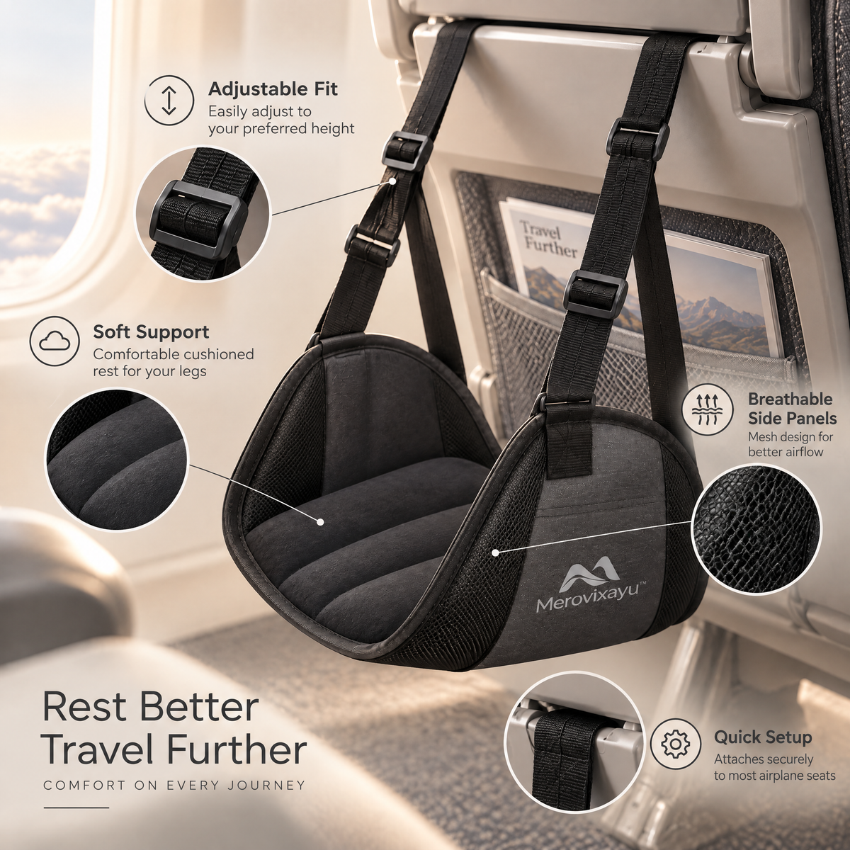 Merovixayu™ Padded Travel Foot Hammock | Adjustable Hanging Foot Rest for Airplane, Train & Car Travel