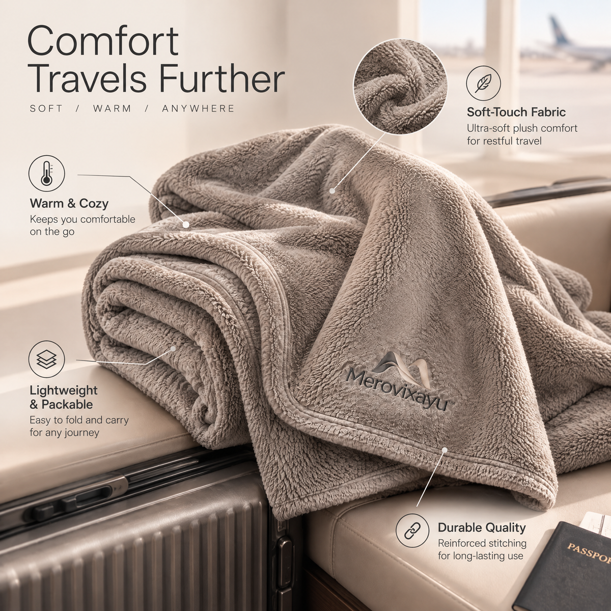 Merovixayu™ Plush Travel Blanket | Soft Compact Blanket for Airplane, Train, Car & Home