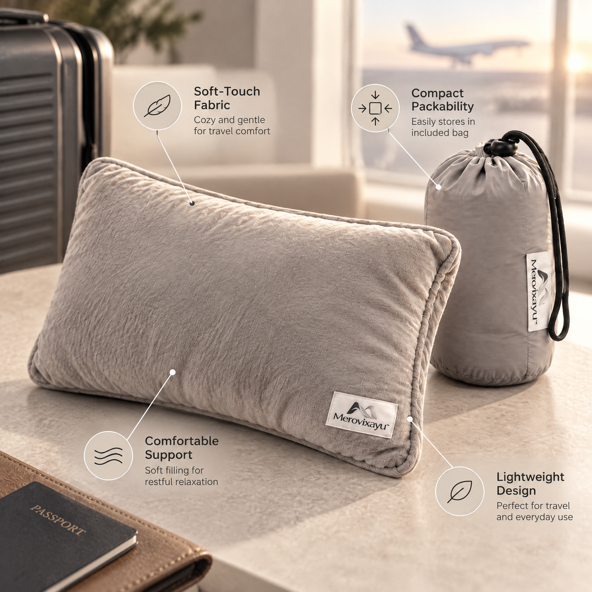 Merovixayu™ Compact Travel Pillow | Soft Packable Support Pillow with Drawstring Storage Bag