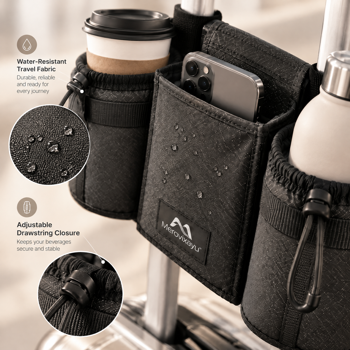 Merovixayu™ Travel Luggage Handle Organizer | Dual Cup Holder & Phone Storage Caddy for Carry-On Suitcases
