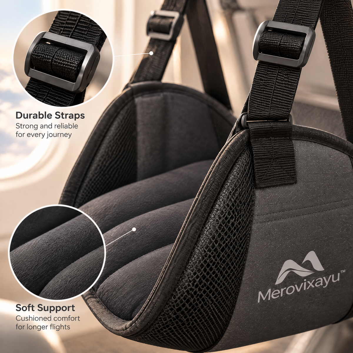 Merovixayu™ Padded Travel Foot Hammock | Adjustable Hanging Foot Rest for Airplane, Train & Car Travel