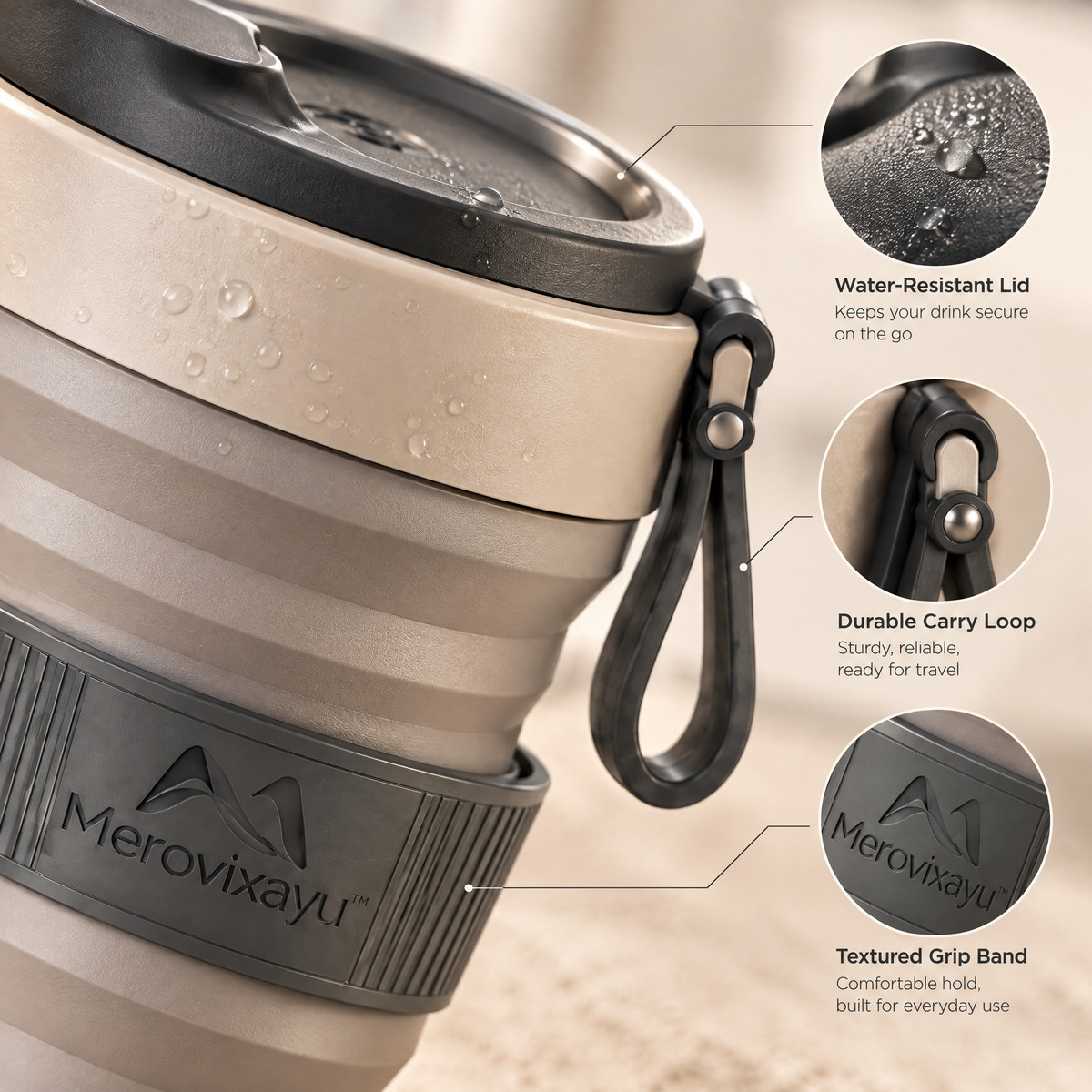 Merovixayu™ Collapsible Travel Cup | Compact Reusable Drink Cup with Lid & Carry Loop